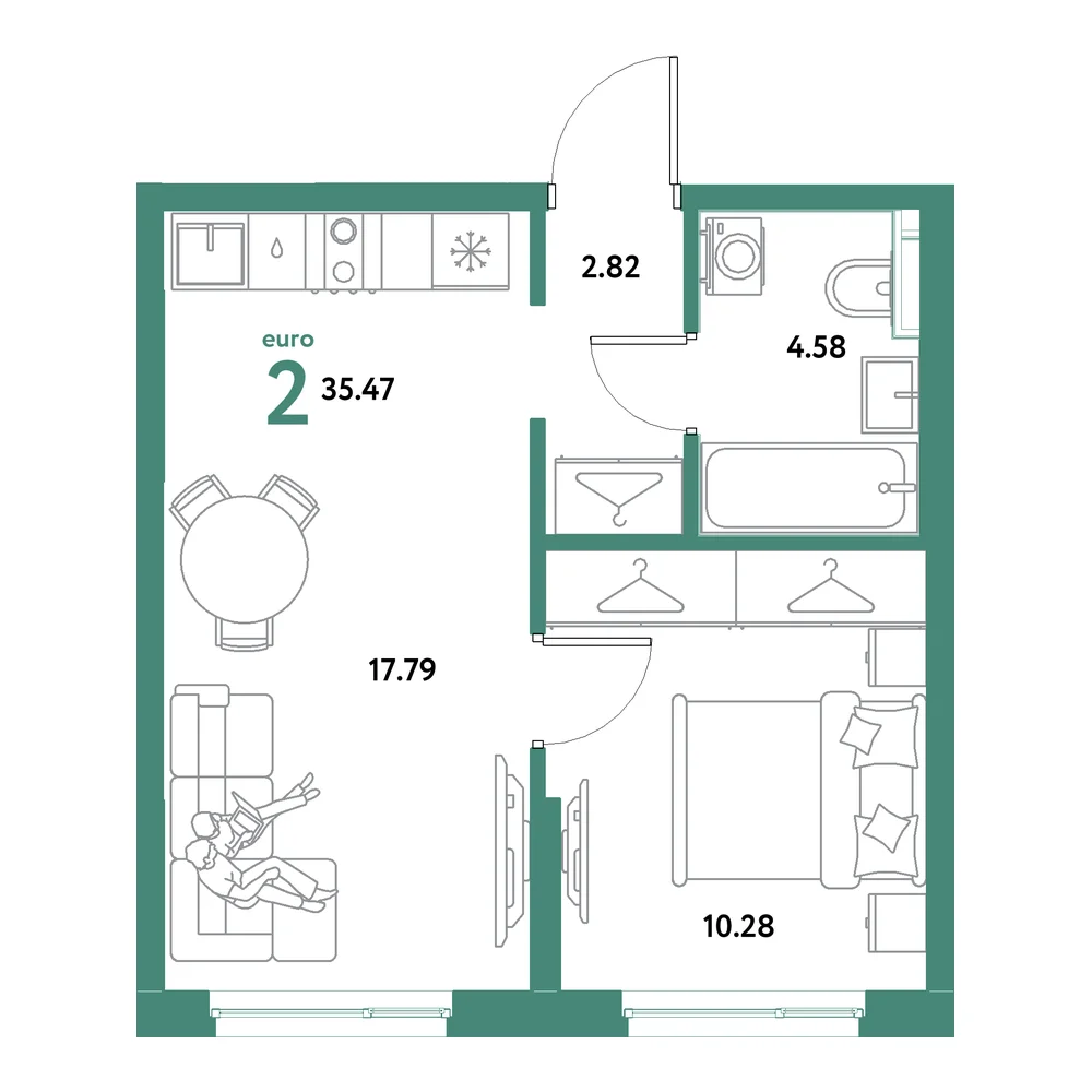 Планировка: Остров-сад 2-комнатная 35,47м²