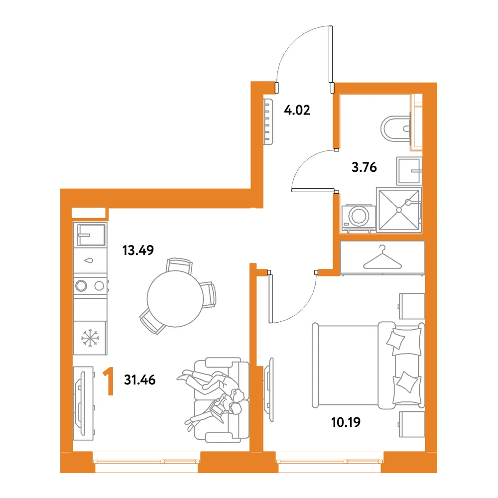 Планировка: Остров-сад 1-комнатная 31,46м²