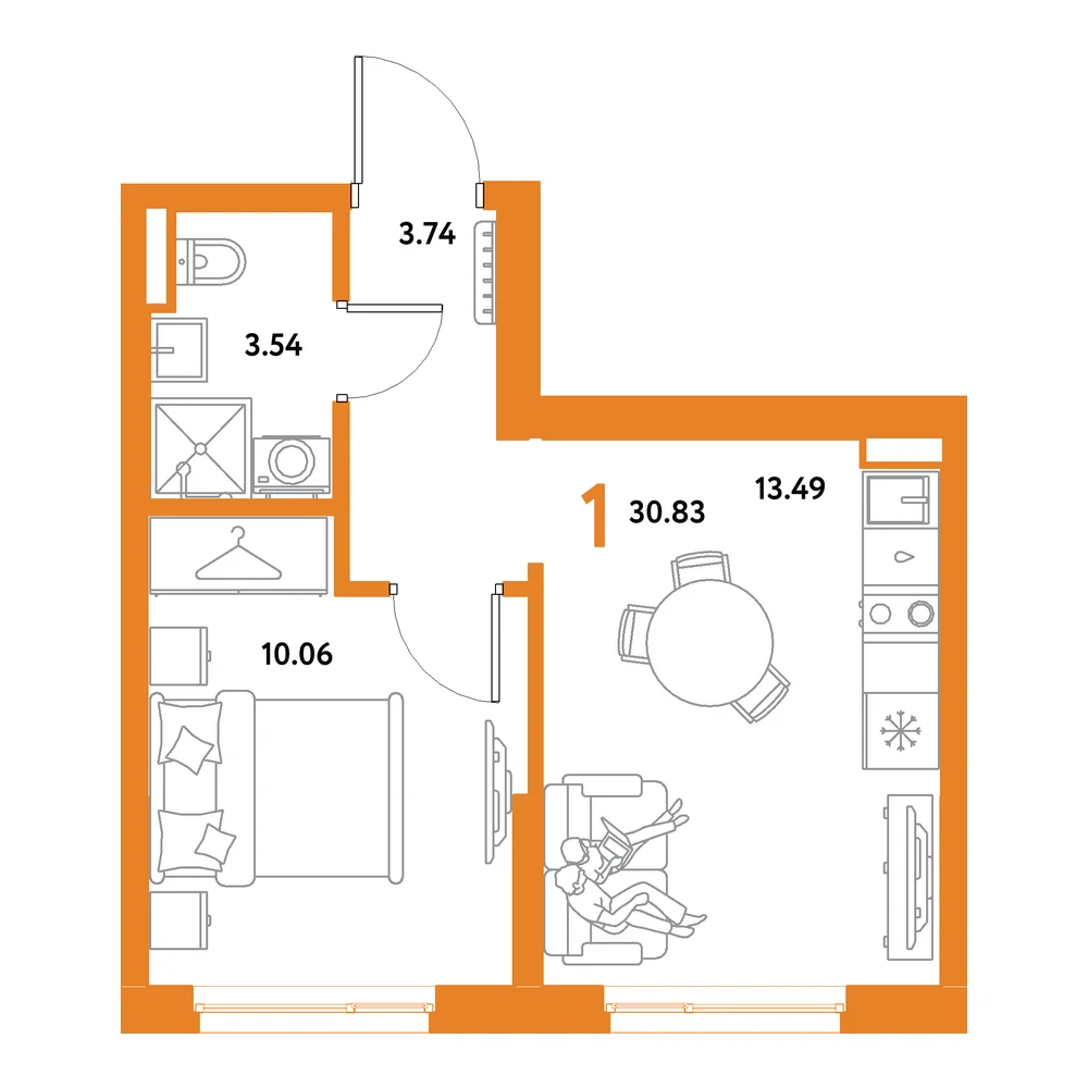 Планировка: Остров-сад 1-комнатная 30,83м²