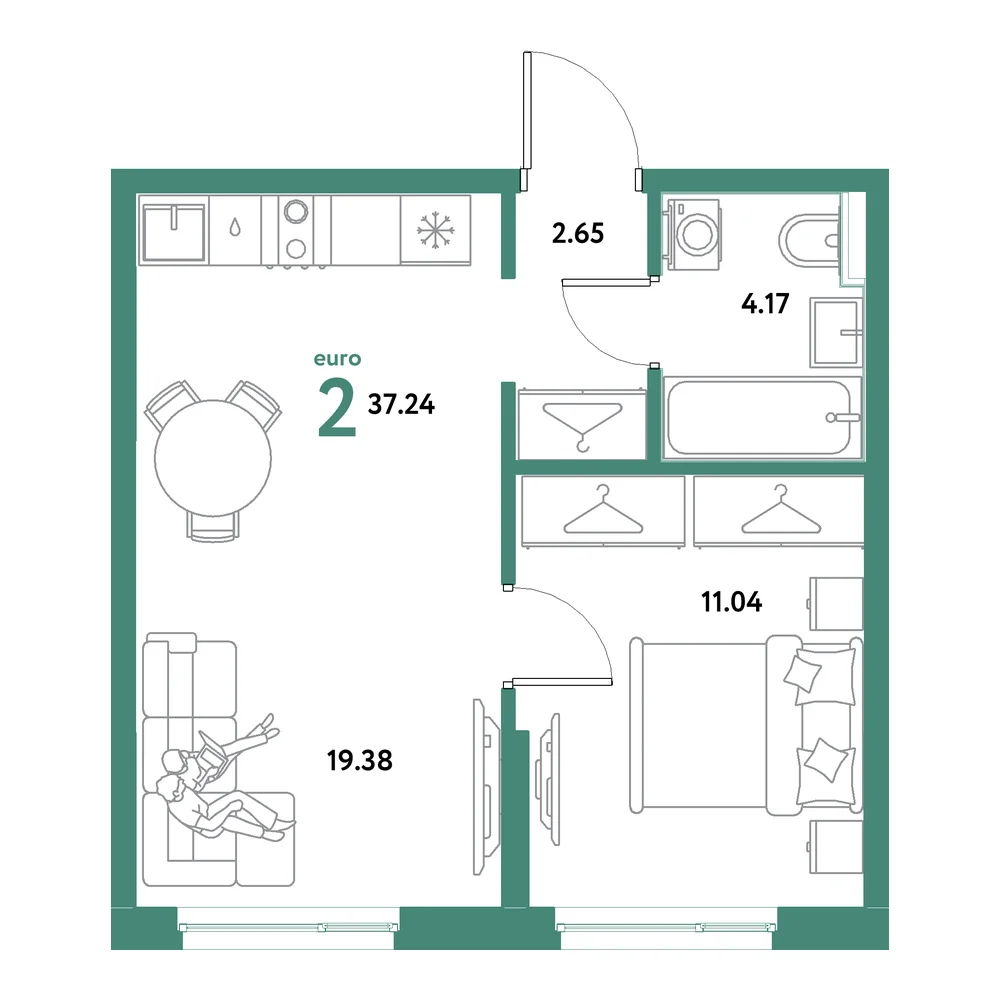 Планировка: Остров-сад 2-комнатная 37,24м²