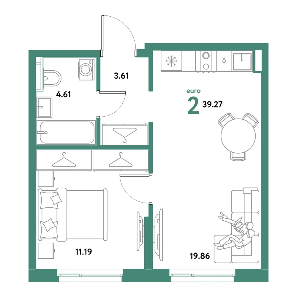 Планировка: Остров-сад 2-комнатная 39,27м²