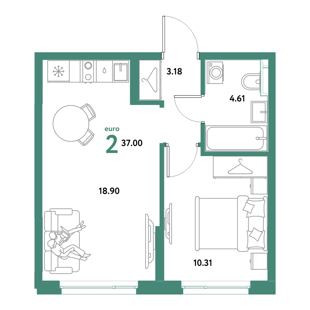 Планировка: Остров-сад 2-комнатная 37,00м²
