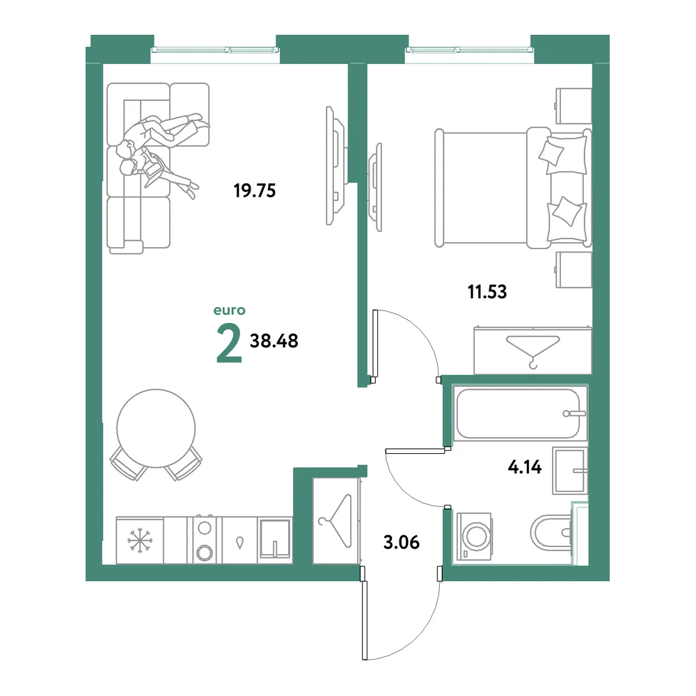 Планировка: Остров-сад 2-комнатная 38,48м²