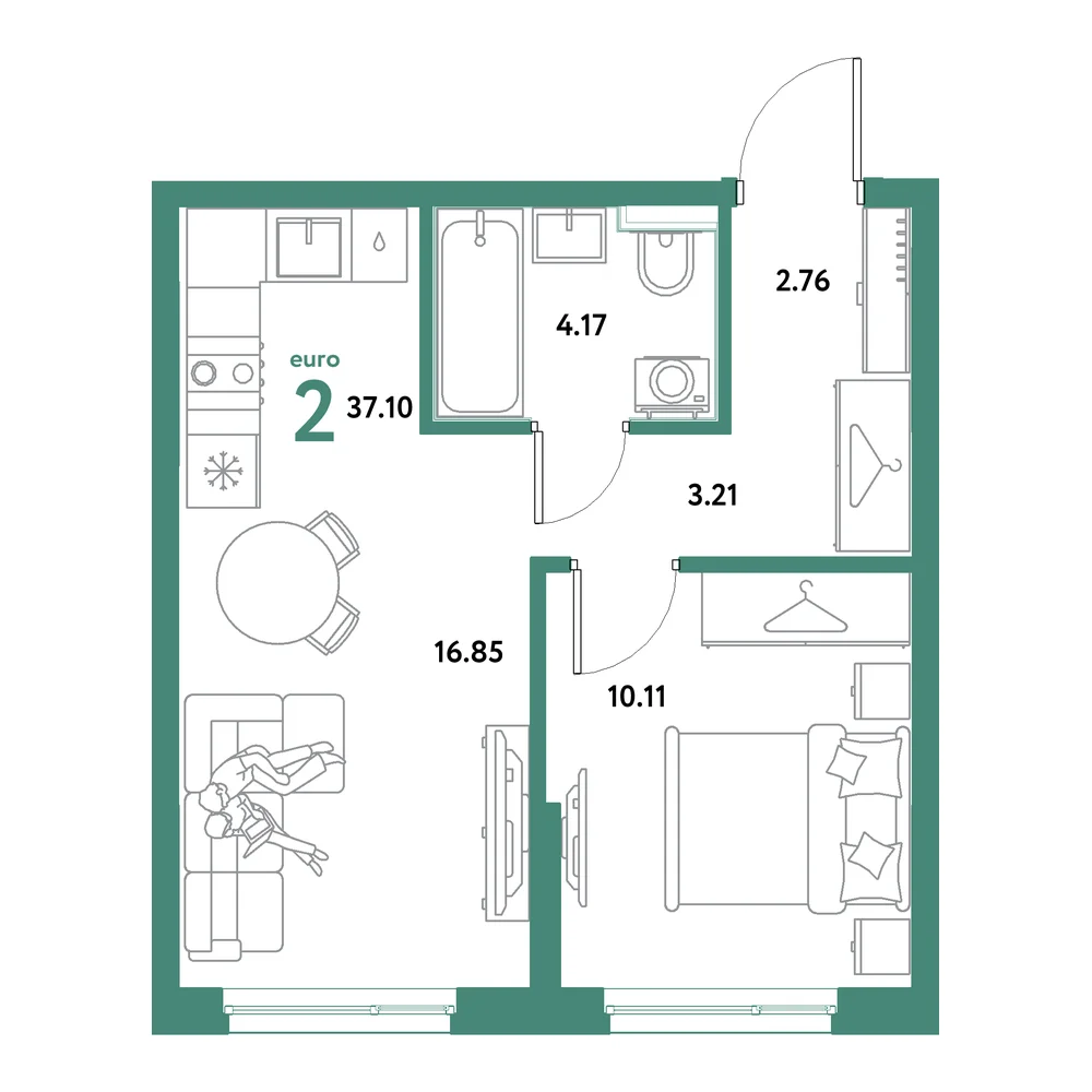 Планировка: Остров-сад 2-комнатная 37,10м²