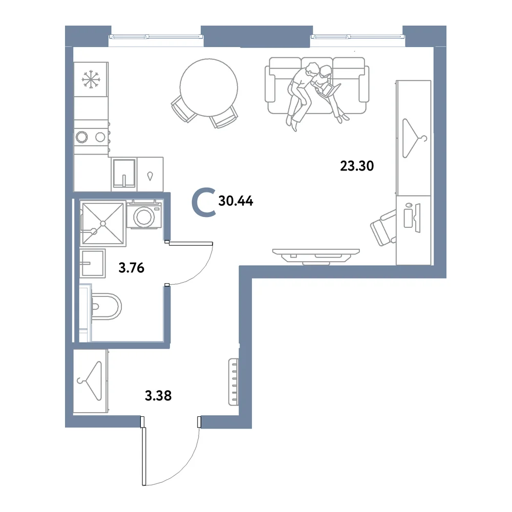 Планировка: Остров-сад Студия 30,44м²