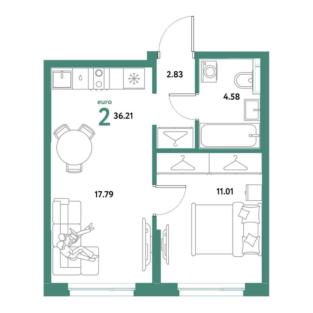 Планировка: Остров-сад 2-комнатная 36,21м²