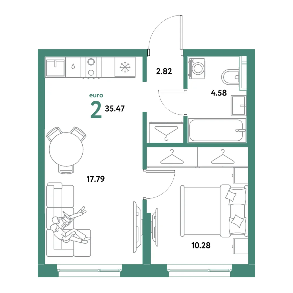 Планировка: Остров-сад 2-комнатная 35,47м²