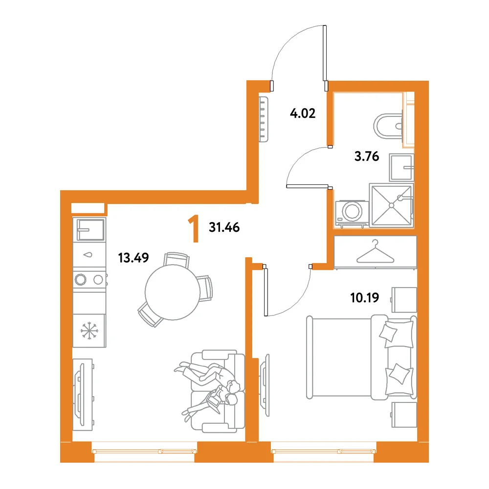 Планировка: Остров-сад 1-комнатная 31,46м²