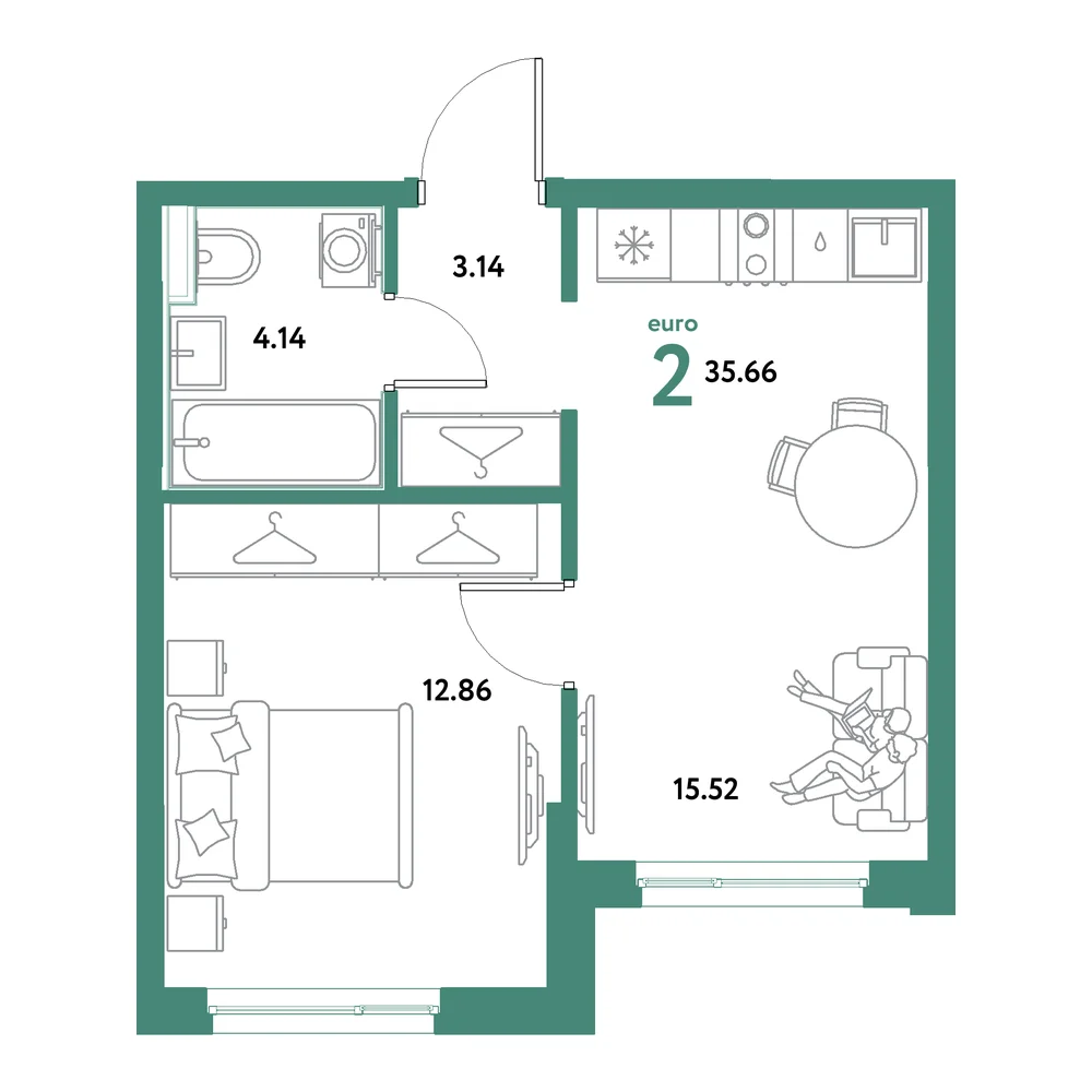 Планировка: Остров-сад 2-комнатная 35,66м²