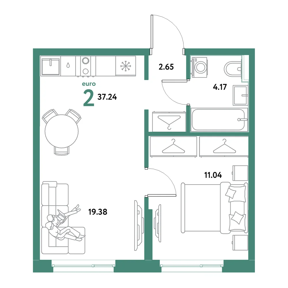 Планировка: Остров-сад 2-комнатная 37,24м²