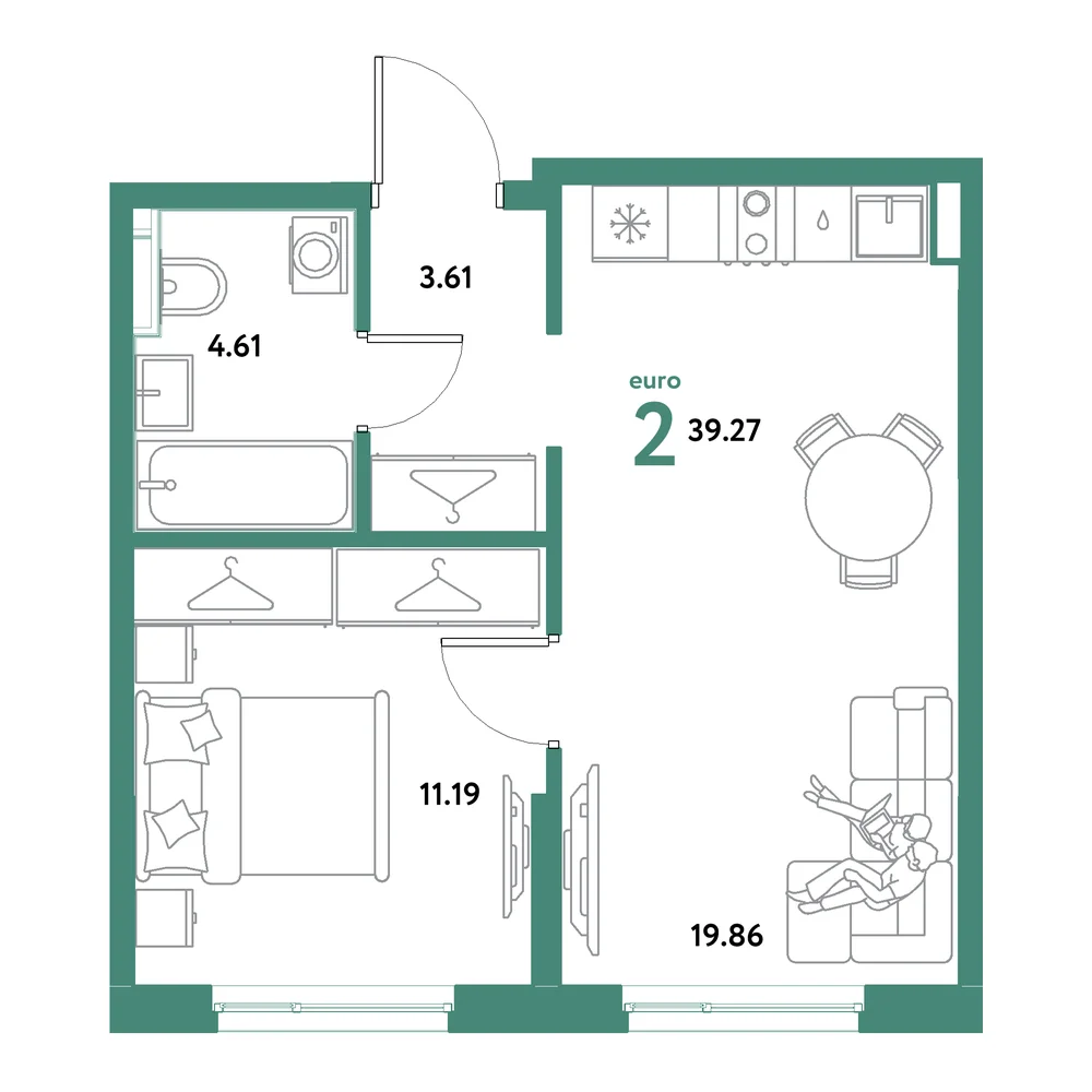 Планировка: Остров-сад 2-комнатная 39,27м²