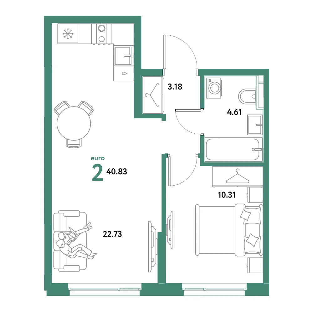 Планировка: Остров-сад 2-комнатная 40,83м²