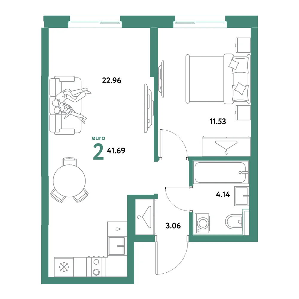 Планировка: Остров-сад 2-комнатная 41,69м²