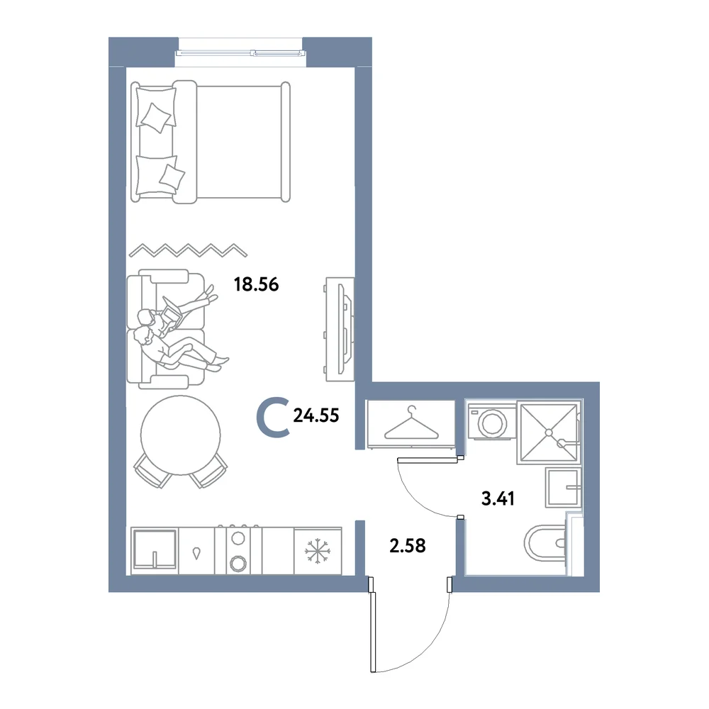 Планировка: Остров-сад Студия 24,55м²