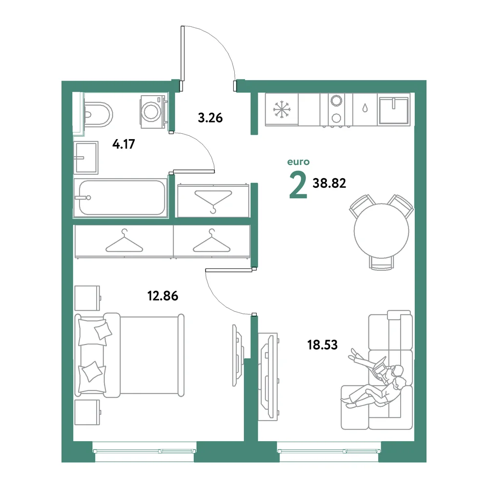 Планировка: Остров-сад 2-комнатная 38,82м²