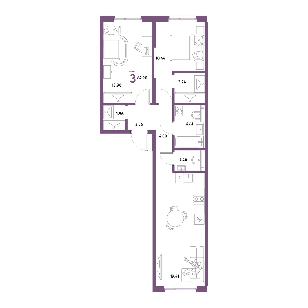 Планировка: Остров-сад 3-комнатная 62,20м²