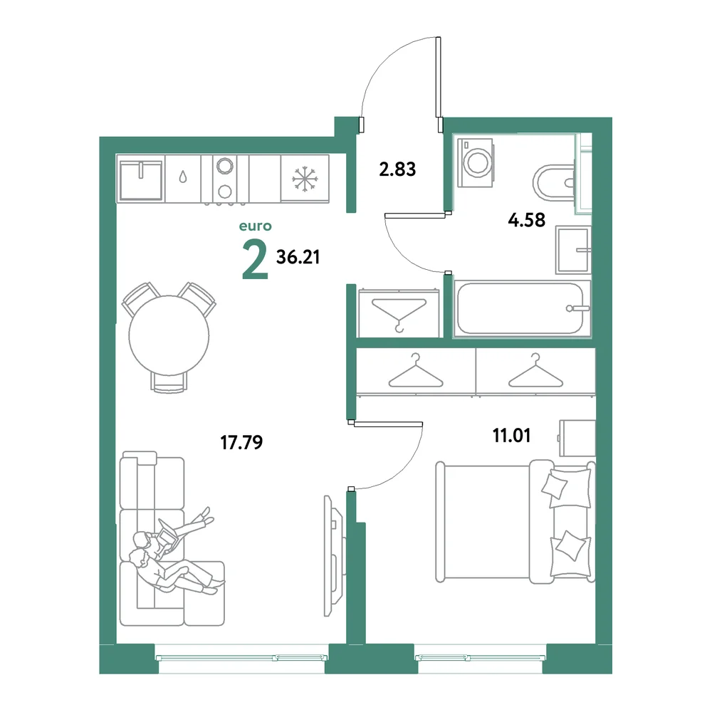 Планировка: Остров-сад 2-комнатная 36,21м²