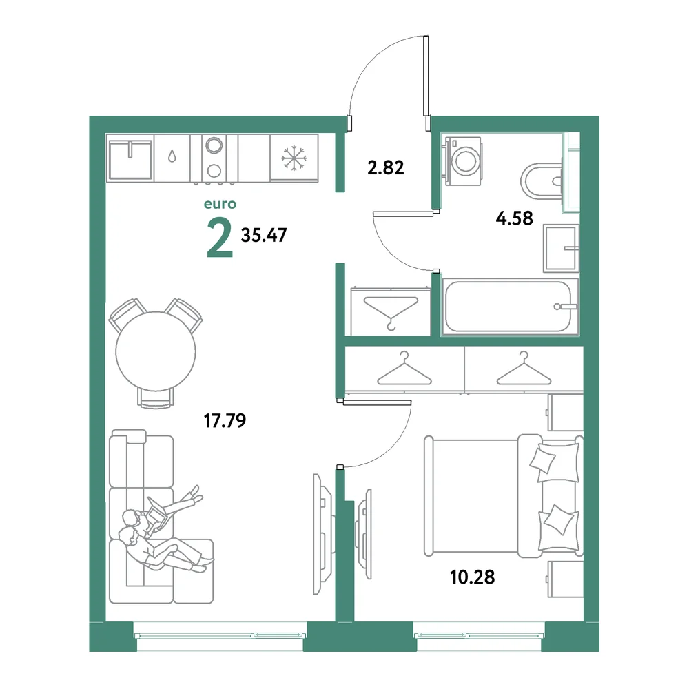 Планировка: Остров-сад 2-комнатная 35,47м²