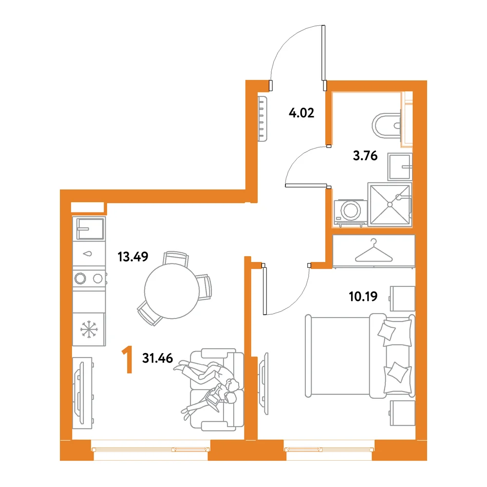 Планировка: Остров-сад 1-комнатная 31,46м²