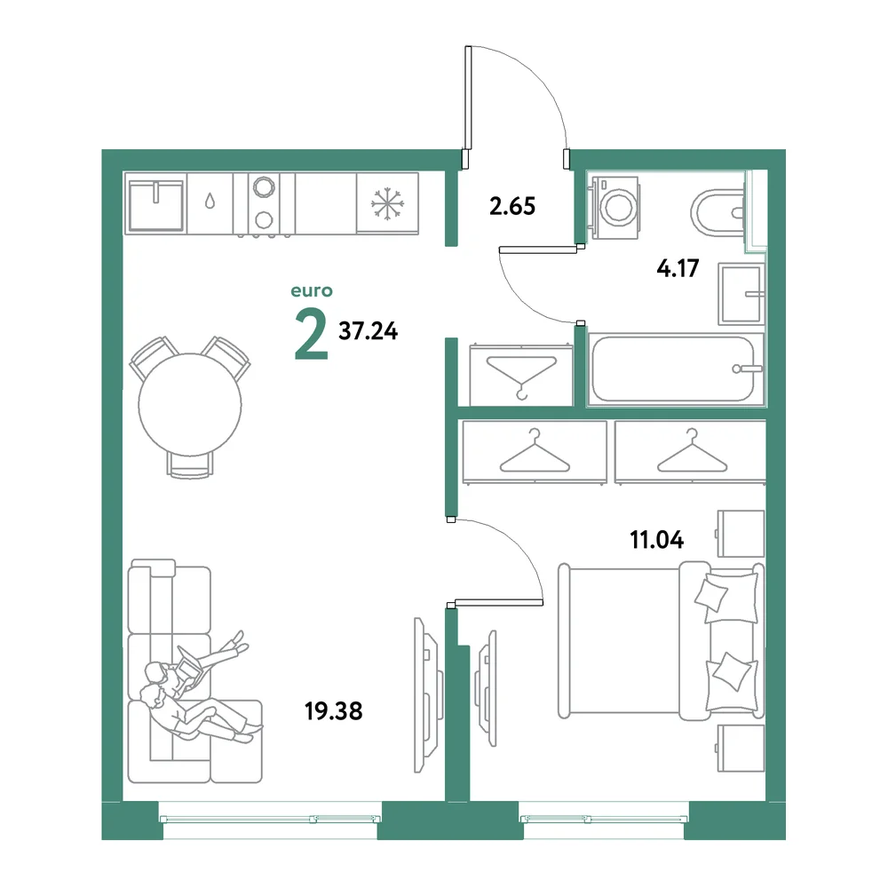 Планировка: Остров-сад 2-комнатная 37,24м²