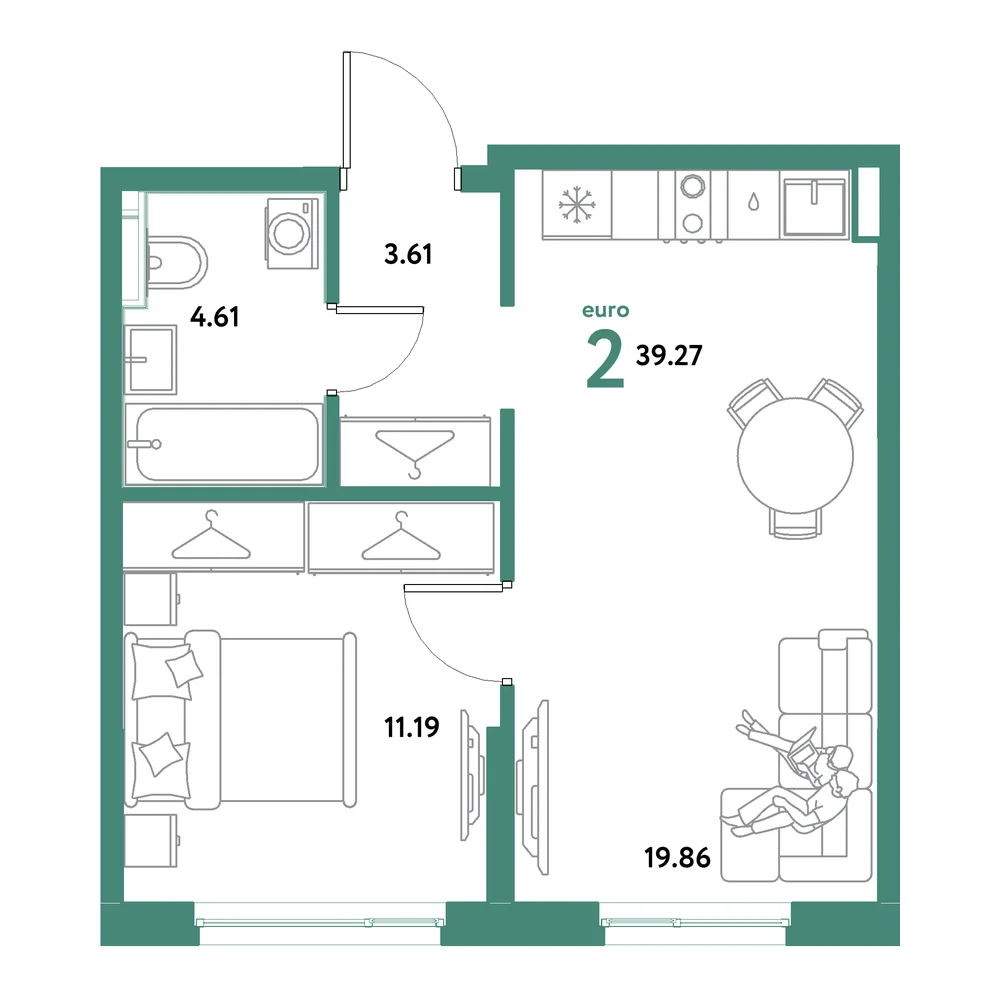 Планировка: Остров-сад 2-комнатная 39,27м²