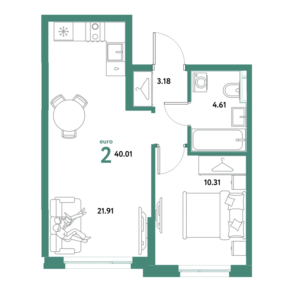 Планировка: Остров-сад 2-комнатная 40,01м²