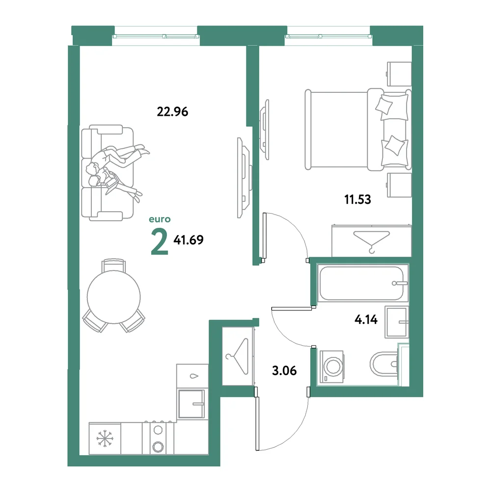 Планировка: Остров-сад 2-комнатная 41,69м²