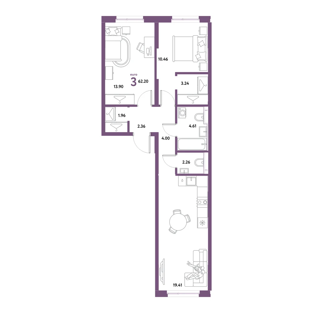 Планировка: Остров-сад 3-комнатная 62,20м²