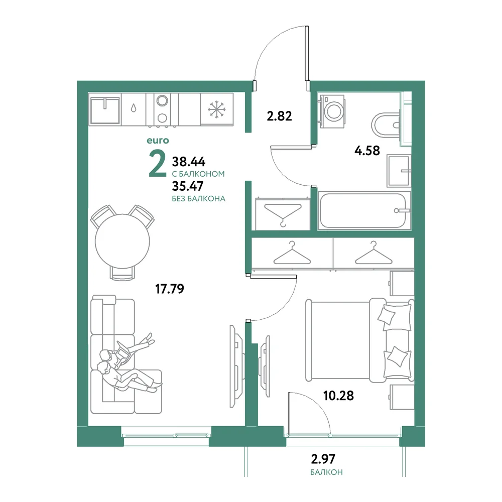 Планировка: Остров-сад 2-комнатная 38,44м²