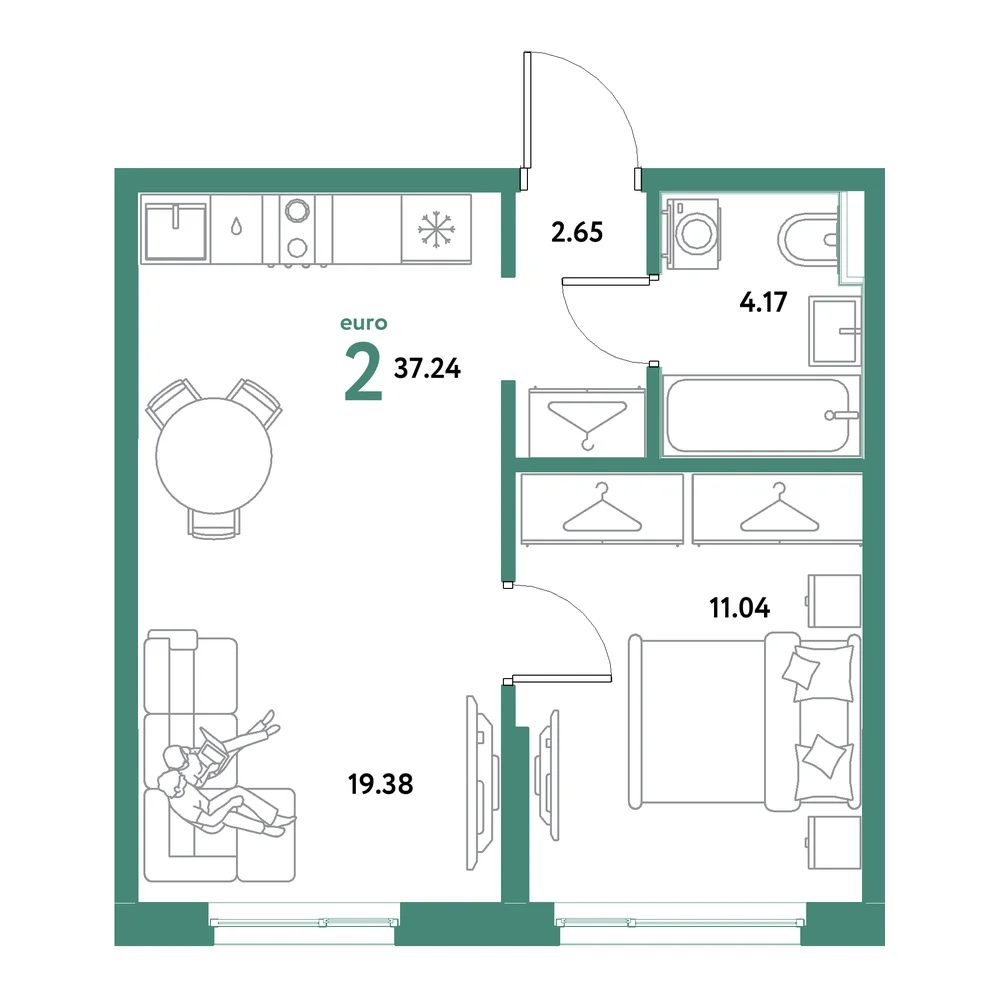 Планировка: Остров-сад 2-комнатная 37,24м²