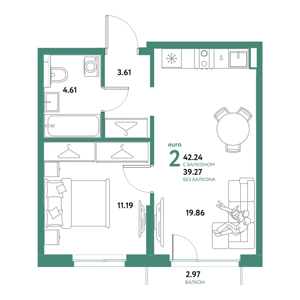 Планировка: Остров-сад 2-комнатная 42,24м²