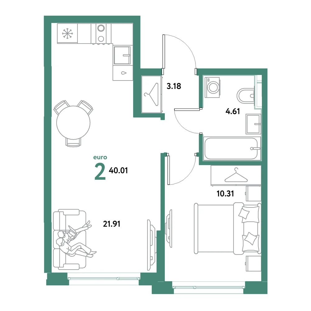 Планировка: Остров-сад 2-комнатная 40,01м²