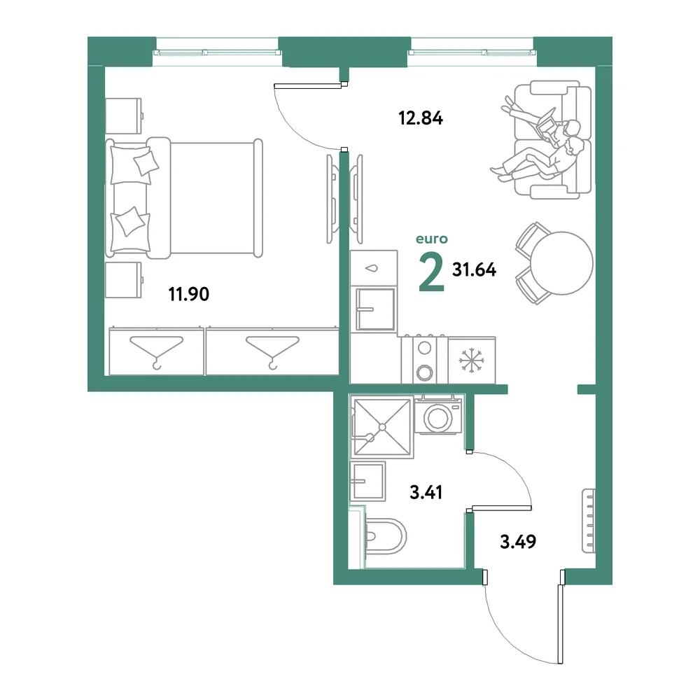Планировка: Остров-сад 2-комнатная 31,64м²
