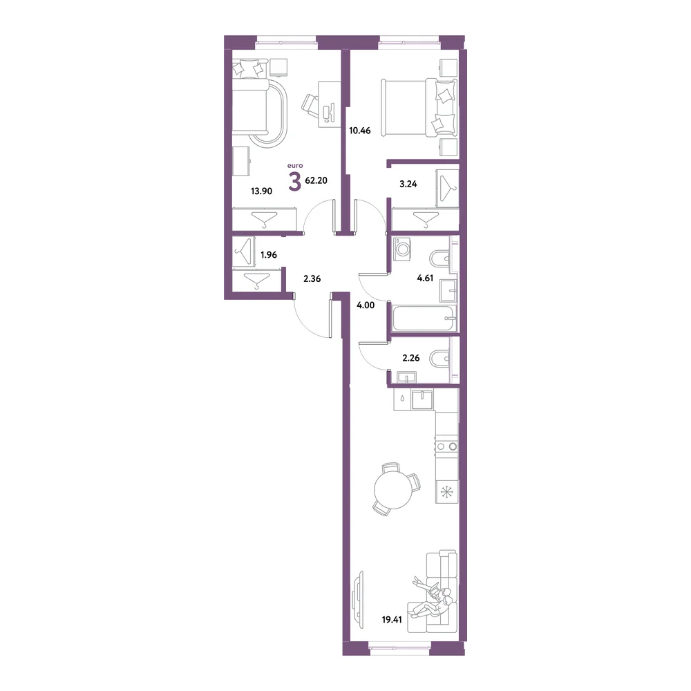 Планировка: Остров-сад 3-комнатная 62,20м²