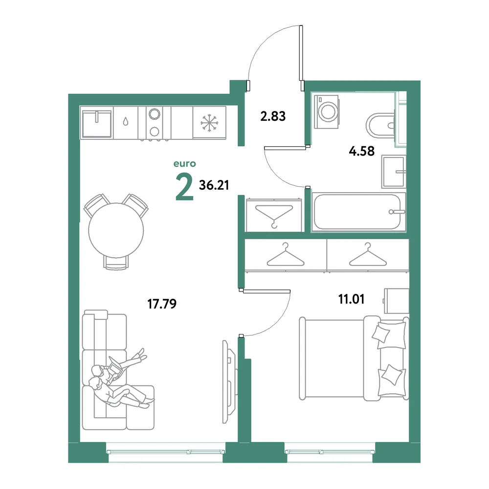 Планировка: Остров-сад 2-комнатная 36,21м²