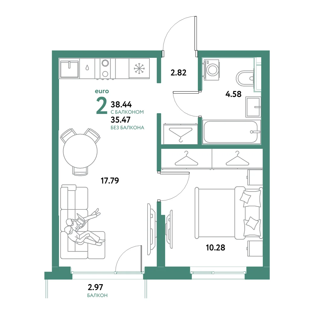 Планировка: Остров-сад 2-комнатная 38,44м²
