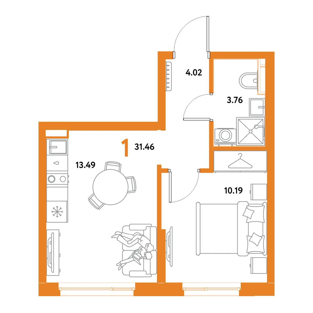Планировка: Остров-сад 1-комнатная 31,46м²