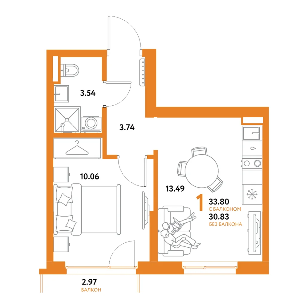 Планировка: Остров-сад 1-комнатная 33,80м²