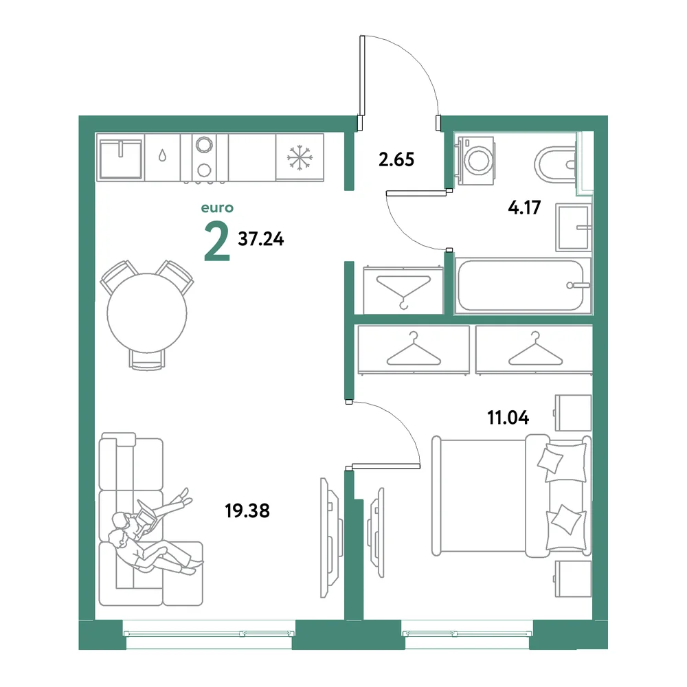 Планировка: Остров-сад 2-комнатная 37,24м²