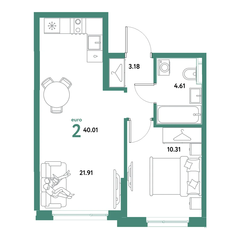 Планировка: Остров-сад 2-комнатная 40,01м²