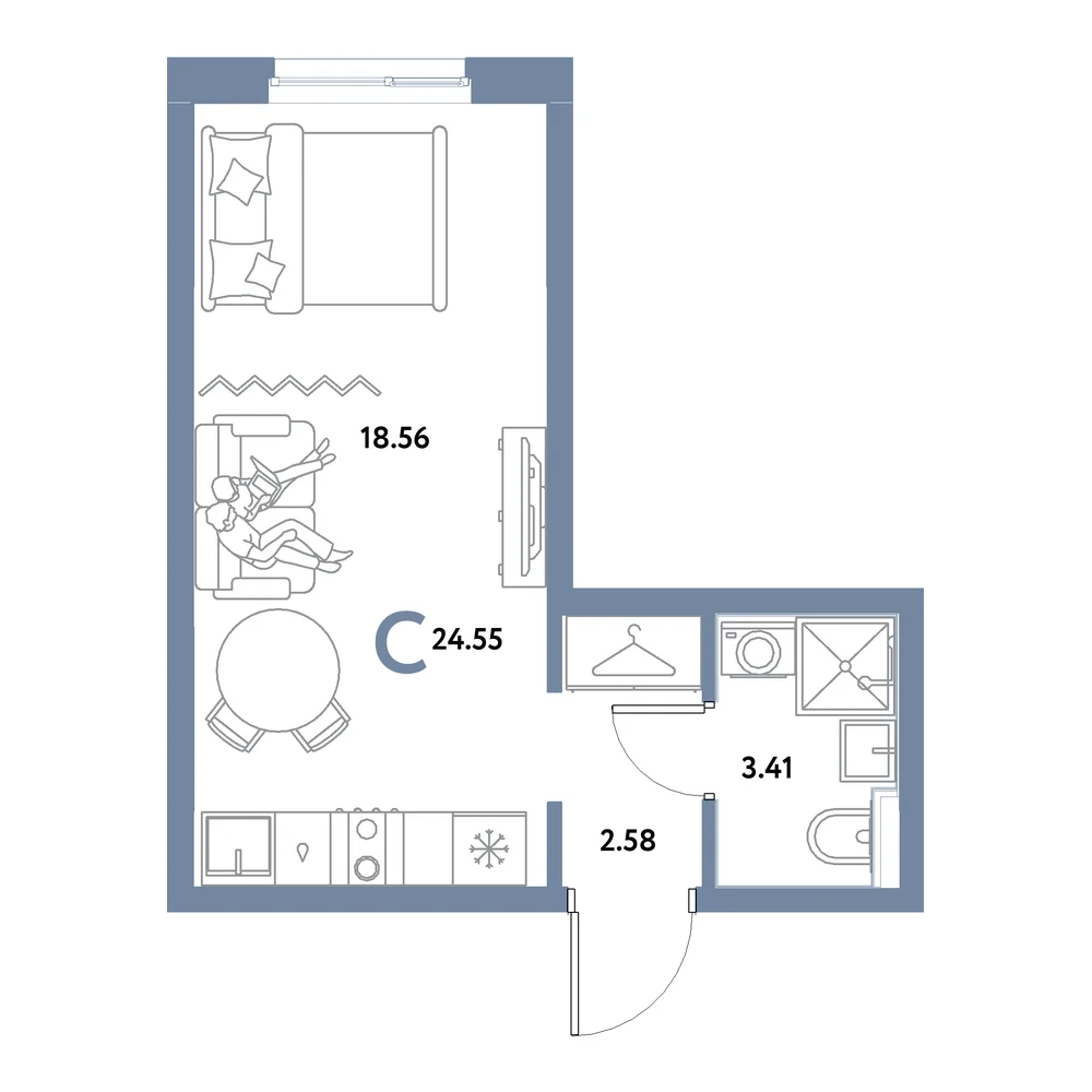 Планировка: Остров-сад Студия 24,55м²