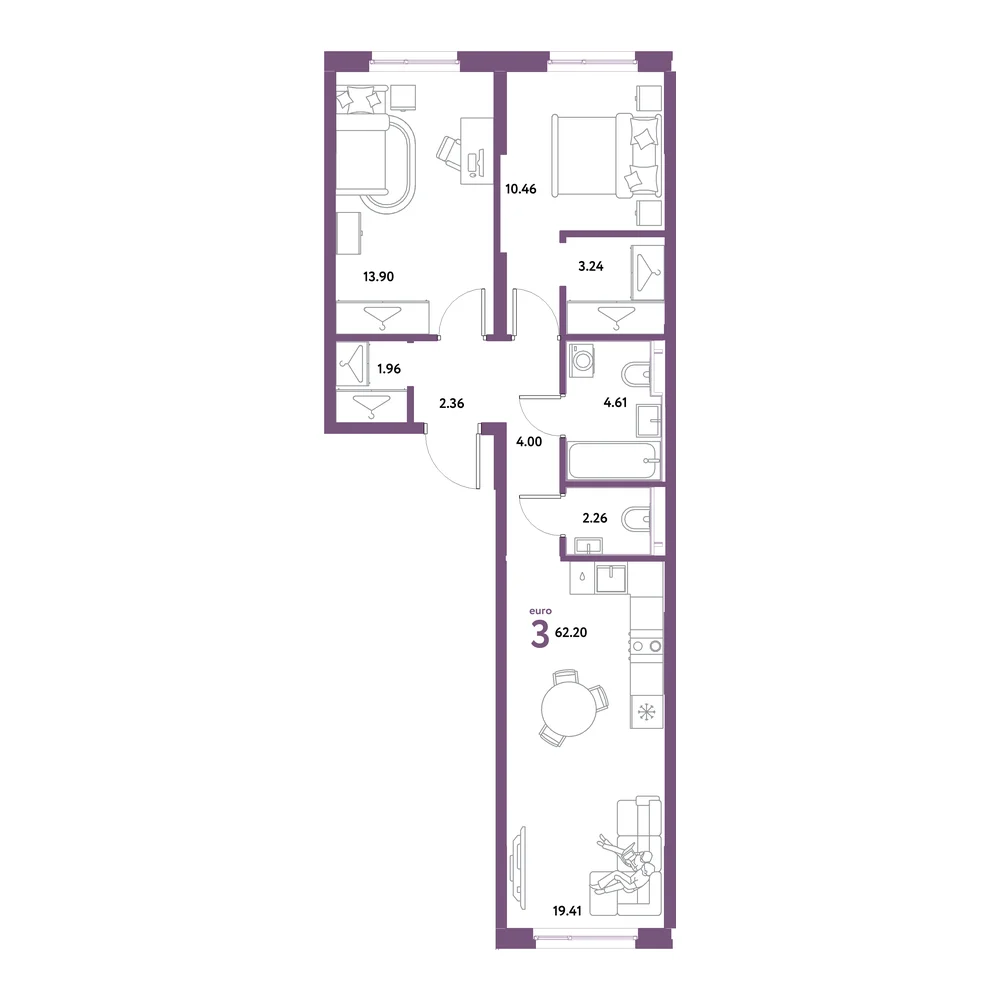Планировка: Остров-сад 3-комнатная 62,20м²