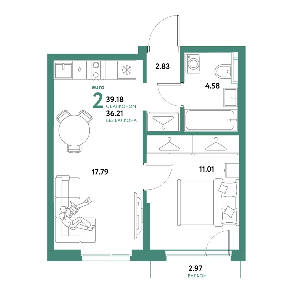 Планировка: Остров-сад 2-комнатная 39,18м²