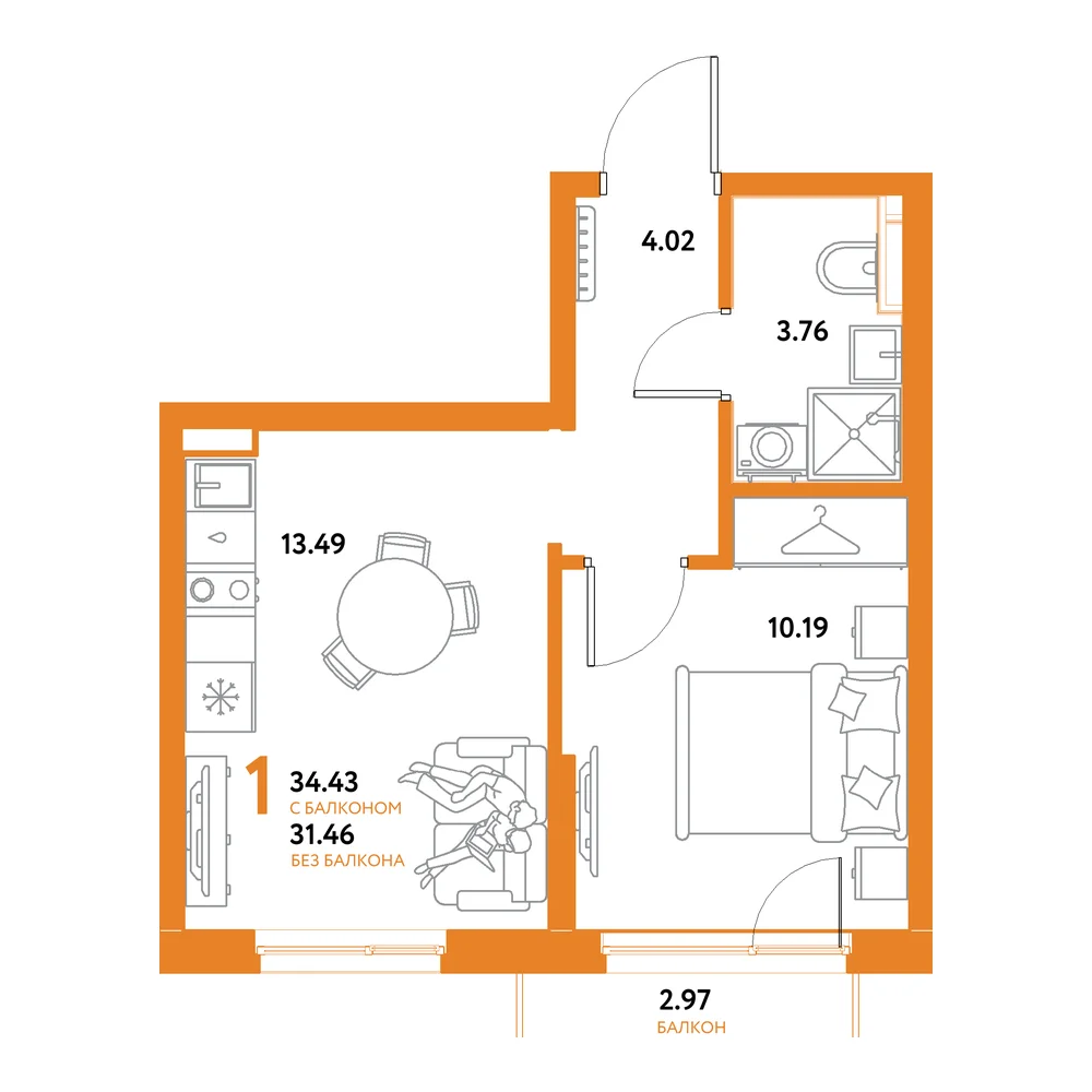 Планировка: Остров-сад 1-комнатная 34,43м²