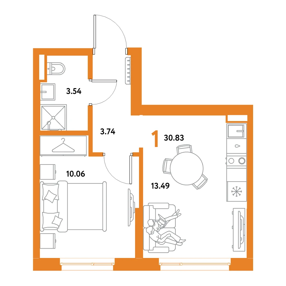 Планировка: Остров-сад 1-комнатная 30,83м²