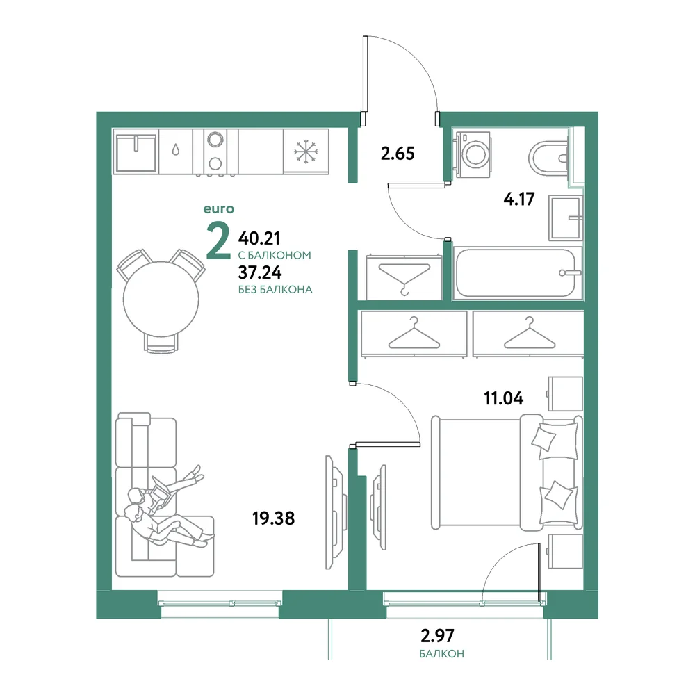 Планировка: Остров-сад 2-комнатная 40,21м²