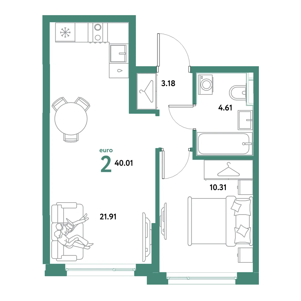 Планировка: Остров-сад 2-комнатная 40,01м²