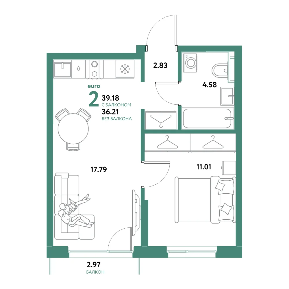 Планировка: Остров-сад 2-комнатная 39,18м²