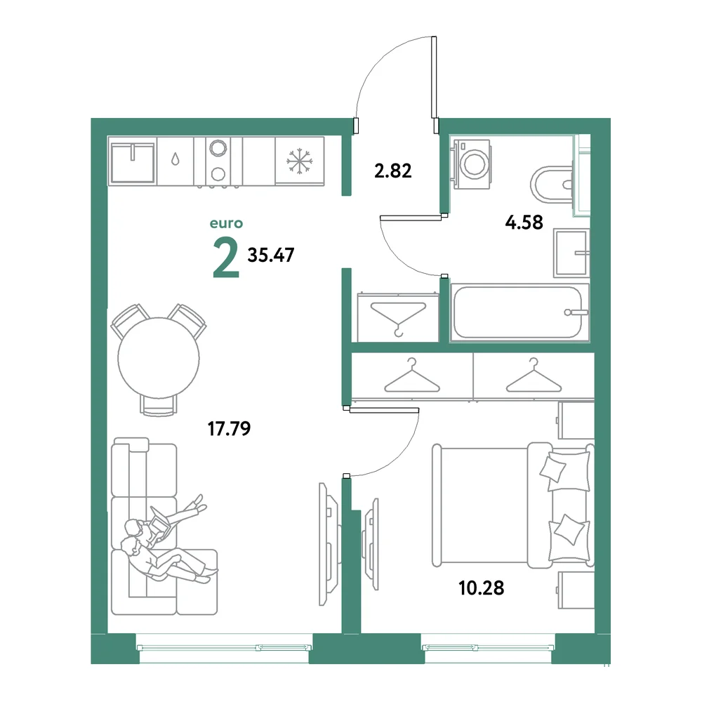 Планировка: Остров-сад 2-комнатная 35,47м²