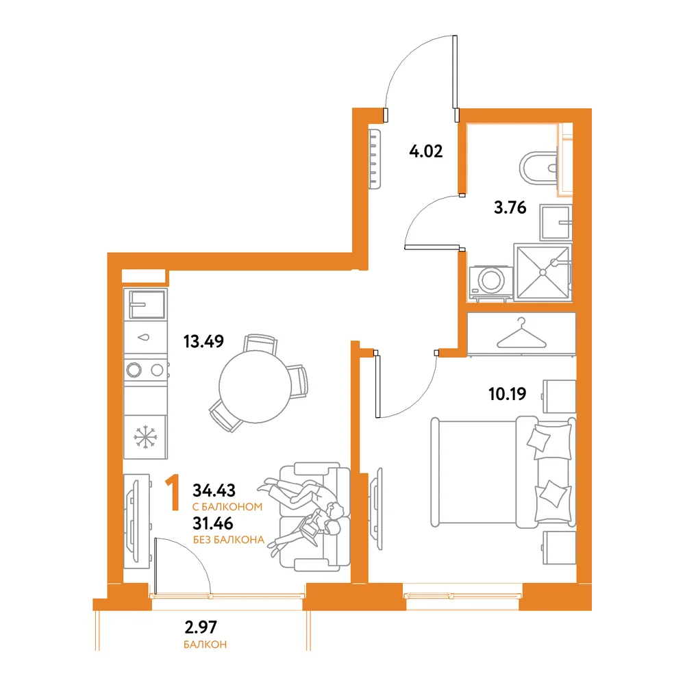 Планировка: Остров-сад 1-комнатная 34,43м²